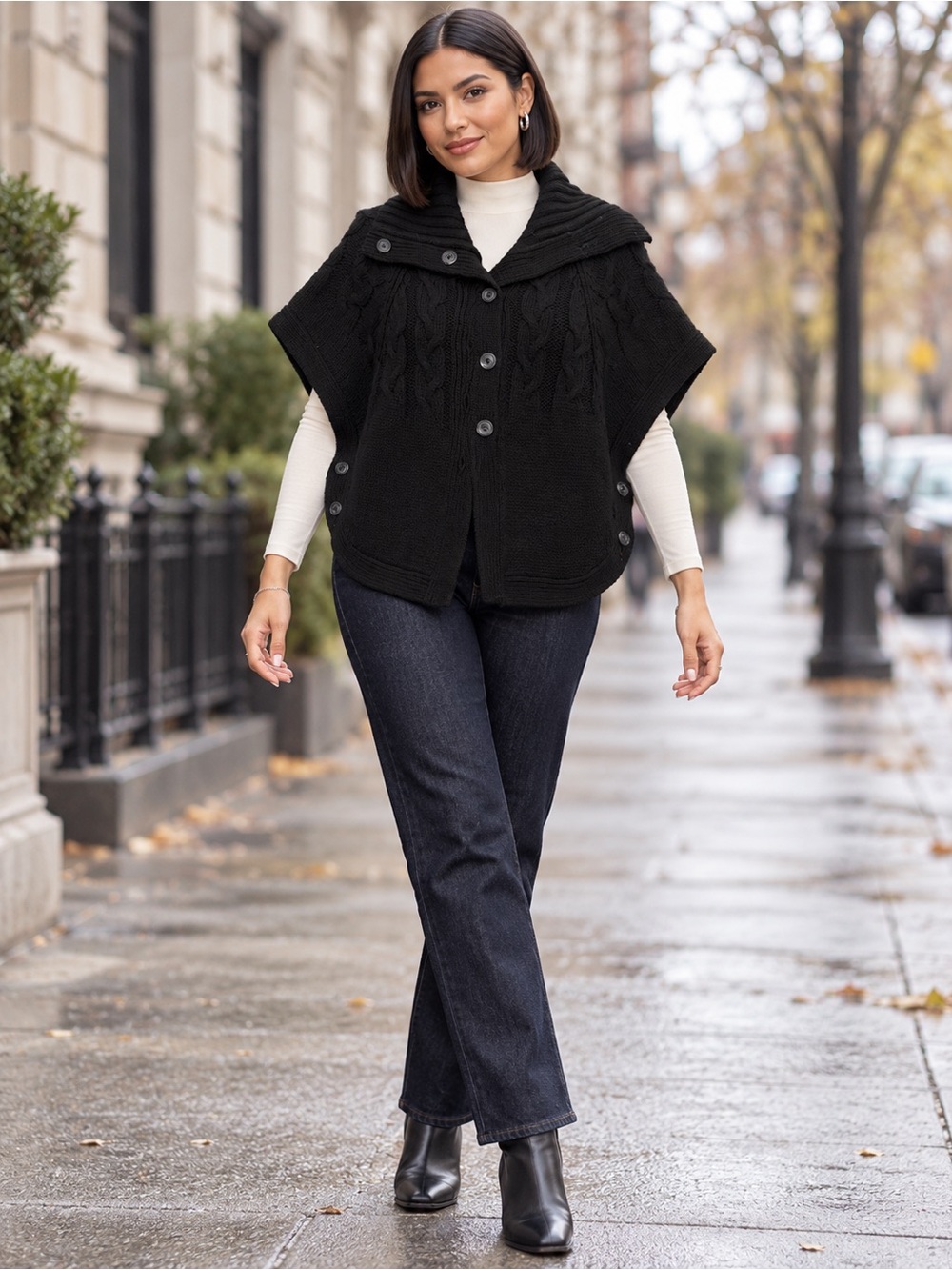 Old Navy Black Cable-Knit Button Poncho